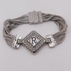 Initial "R" MONET Chain Bracelet Magnetic Clasp Silvertone Hammered Metal 7.5"